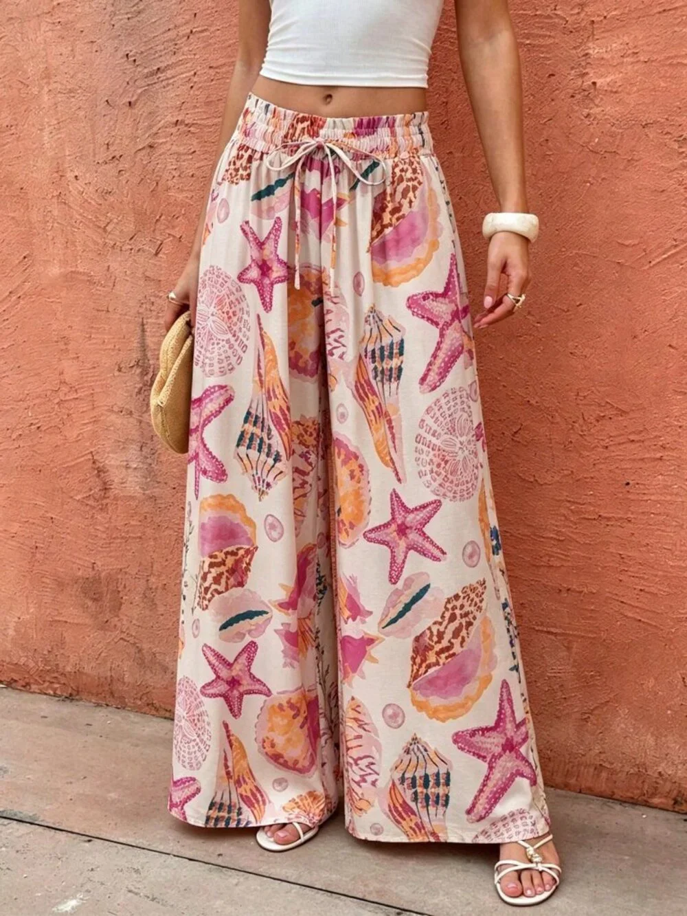Pink Boho Women's High Waist Wide Leg Starfish Print Trousers - Picture 5 of 7